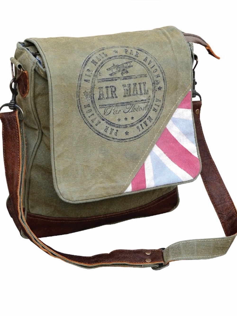 Clea Ray Par Avion Air Mail Canvas Leather Crossbody Messenger Bag Union Jack